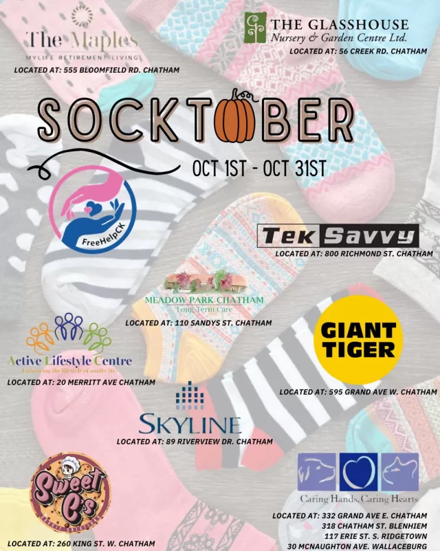 SOCKT🎃BER HAS OFFICIAL STARTED ‼️
Baskets have been delivered to the following businesses! 
Nest Realty Inc.
CSN Apex Autogroup
The Maples Retirement Living
Giant Tiger
Postma Heating and Cooling
Mighty Jim's Variety
Riverview Gardens
Linck
Eli's Breakfast & Lunch
Betty Brite Dry Cleaners & Coin Laundry
Sweet C's Cookie Creations
Chatham-Kent Vets
Please be sure to stop in and drop off your donations 🧦 They will be collecting the entire month of October! 
Donations are being collected for seniors and children in struggling families to provide them warmth and comfort for the upcoming Fall & Winter months!