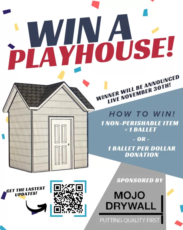 🗓️ MARK YOUR CALENDARS OCTOBER 19TH @ SOBEYS
How to enter for a chance to WIN A PLAYHOUSE sponsored by Mojo Drywall
🎟️ BALLET INFO 🎟️
1 non-perishable item = 1 ballet 
OR
$1 = 1 ballet
Playhouse ballets will be available in person for purchase!
All donations (monetary and canned) are to help fill FreeHelpCK’s food pantries🥫