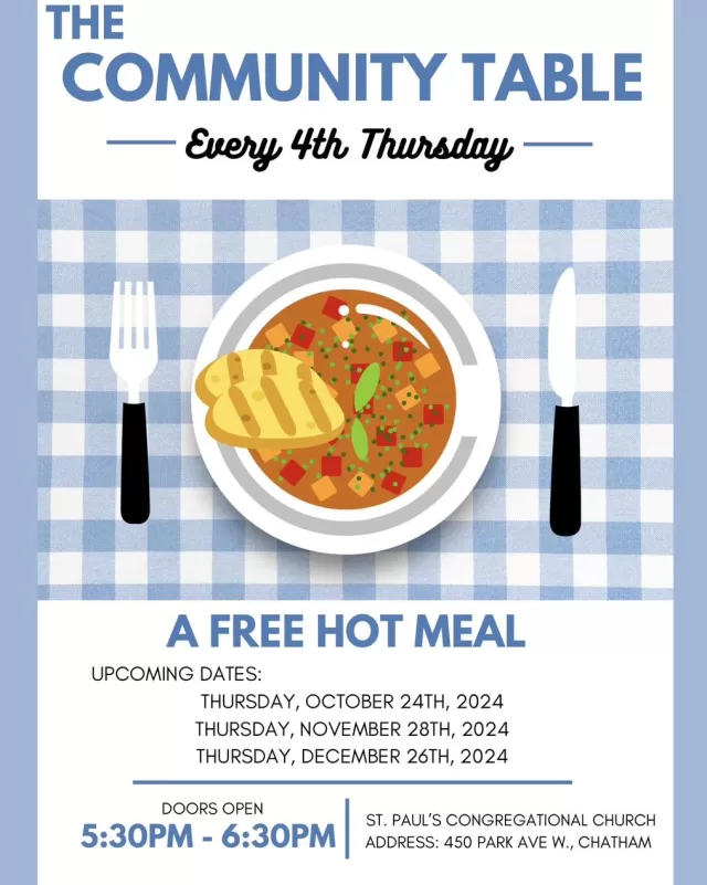 Join us for A FREE HOT MEAL 🥘 
THIS THURSDAY OCT.24TH
Doors open at 5:30pm at St. Paul's Discover Life
📍450 Park Ave W, Chatham
All are welcome, we hope to see you there‼️