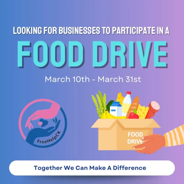 🚨LOOKING FOR LOCAL BUSINESSES 🚨
From March 10th - March 31st, we are looking to partner with a few local businesses to help collect non-perishable food items for our free food pantries program. 
With so many facing hardships right now, your support can make a real difference in ensuring everyone has access to the nutritional support they need 💕
#TogetherWeCan #freehelpck #MakingADifference #ckcomingtogether #thankyou #freefoodpantries