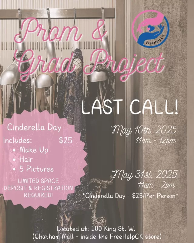 FINAL CALL 🚨
We’ve received a lot of messages from students still needing appointments for prom and grad— and we’re making it happen!
Our LAST OPENING DAY is Saturday, May 10th from 11:00AM to 12:00 PM— don’t miss it!
We still have spots available for our Cinderella/Enchantment Day event‼️ Get your lashes, makeup, and hair professionally done by BrowBehaviour— plus have your photos professionally taken at The Retro Suites Hotel by Michael Carter Photography to capture your special day! To book your spot, email us at info@freehelpck.ca today!