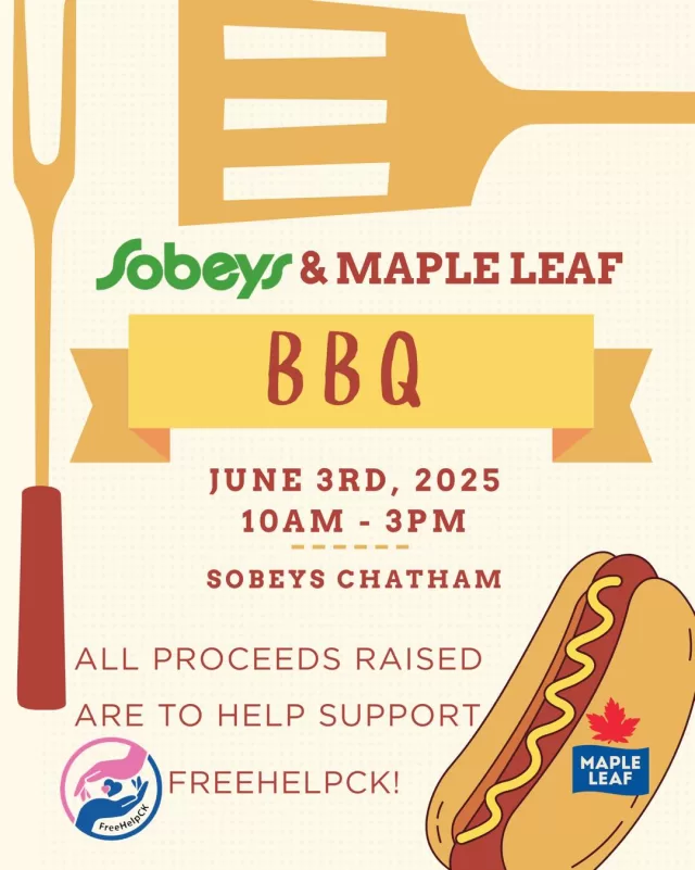 BBQ THIS TUESDAY!🌭
Join us on June 3rd from 10AM to 3PM at Sobeys Chatham for delicious Top Dogs Hotdog, proudly hosted in partnership with Maple Leaf!
All proceeds will go toward helping support our Operation Backpack program, helping local children start the school year with the supplies they need🎒❤️
Come out, grab some lunch with a friend or treat your staff while supporting a great cause!
#OperationBackpack #CommunitySupport #BBQForACause #ChathamSobeys
