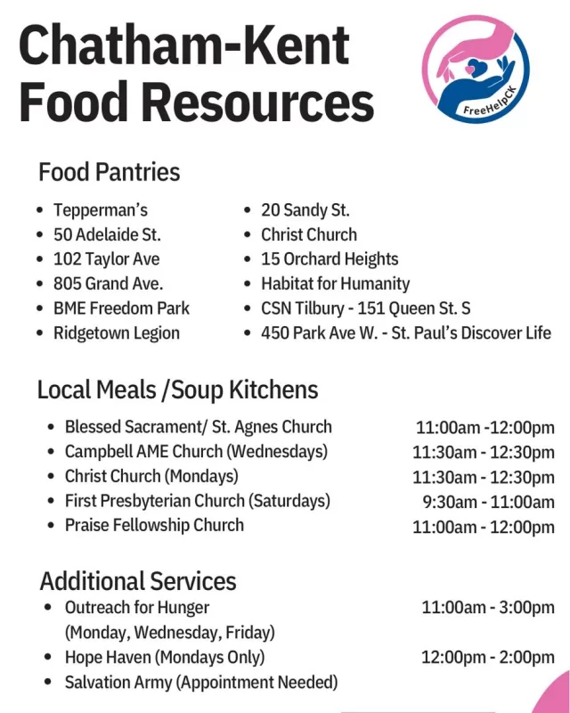 We understand that times are especially difficult right now, and we’ve received a high number of messages from individuals and families looking for food assistance💙
While we would love to help everyone directly, our free food pantries are filled as community donations come in— we do not have a steady food supply to meet emergency needs.
Because of the increased requests, we’ve created a helpful poster listing food resources available across Chatham-Kent, including local pantries, soup kitchens, and additional services🥫🍞 Please use this guide to find support near you or share it with someone who might need it.
#FreeHelpCK #ChathamKent #CommunitySupport #FoodResources #YouAreNotAlone #CKFoodHelp