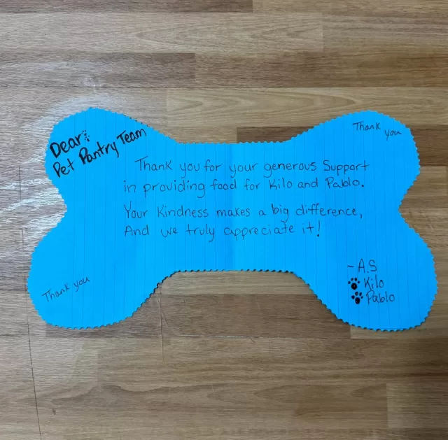 The decision to start our newest Pet Pantry Program— stems from our belief that pets are family too, and no one should have to choose between feeding themselves or their furry companions.
After only a few days of launching our FreeHelpCK Pet Pantry Pickup 🐶🐾 We received this heartfelt note from a grateful community member, thanking us for helping feed their pets, Kilo and Pablo. This note means more than just a thank you—it was a beautiful reminder that the work we’re doing matters.
“And do not forget to do good and to share with others, for with such sacrifices God is pleased.” 
— Hebrews 13:16 🙏🏻
To everyone who has supported, shared, or simply believed in the work we are doing— thank you. Your encouragement fuels us more than you know 💖
#FreeHelpCK #PetPantry #ThankYouCommunity