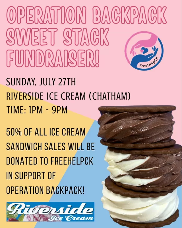 Celebrate National Ice Cream Day the Sweet Way!🍦
Join us for our Operation Backpack Sweet Stack Fundraiser in partnership with Riverside Ice Cream  in Chatham!
📅 Sunday, July 27th
🕐 1PM – 9PM
🍪🍨 50% of all Ice Cream Sandwich sales will be donated to Operation Backpack, helping local kids head back to school with the supplies they need🎒
Come cool down for a cause—because every bite makes a difference in the lives of local students 🌟