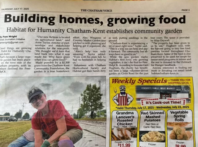 🌱 Shout out time! 📰
We’re feeling the love today after receiving a warm community mention in The Chatham Voice Newspaper recognizing our FreeHelpCK Community Garden, in partnership with Habitat for Humanity, as well as our larger central garden site generously hosted by Mojo Drywall Inc. 💚
These spaces are more than just gardens— they’re a place where kindness grows, neighbours connect, and fresh food is shared with those who need it most.
A huge community thank you to Mojo Drywall Inc. for continuing to host this beautiful space and to our garden gal Cathleen Whiting for helping us make this program possible and keeps things blooming— literally! Your tireless hours and continued dedication to this garden do not go unappreciated ✨🥕🍅
#FreeHelpCK #CommunityGarden #HabitatForHumanity #MojoDrywall #CKProud #GrowTogether #ChathamKent #CommunityLove
#communitylove