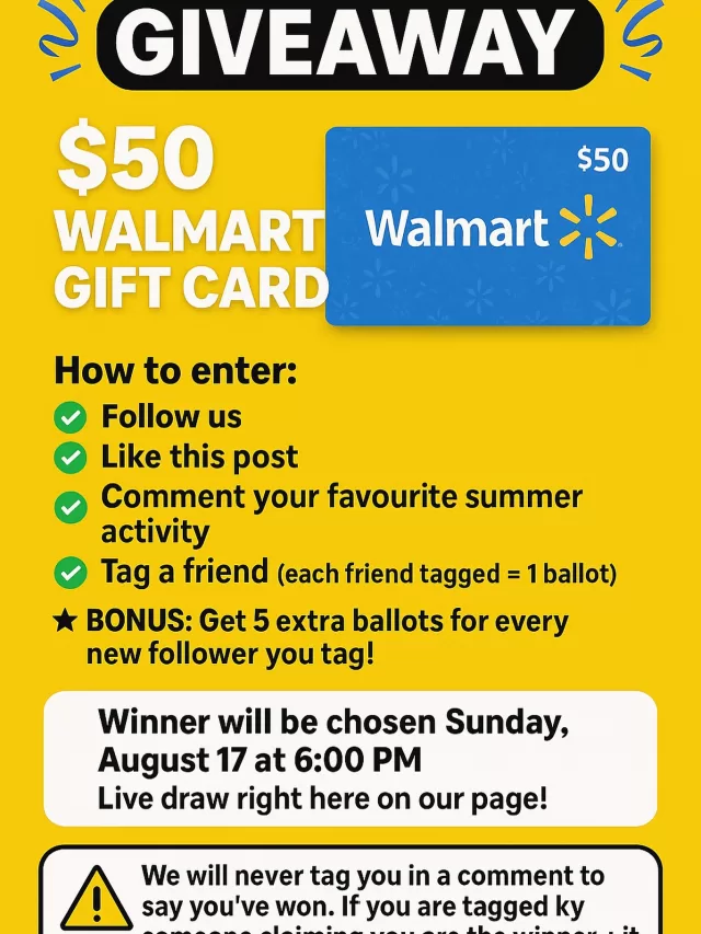 Want to win a $50 Walmart gift card? It’s easy! 🛒✨
How to enter:
✅ Follow us
✅ Like this post
✅ Comment your favourite summer activity ☀️
✅ Tag a friend (each friend tagged = 1 ballot)
✨ BONUS: Get 5 extra ballots for every new follower you tag!
📅 Winner will be chosen Sunday, August 17 at 6:00 PM
📺 Live draw right here on our page!
🚨 Important: We will never tag you in a comment to say you’ve won. If you are tagged by someone claiming you are the winner, it is NOT FreeHelpCK. The only way to win is through our live draw, and we will message the winner privately on Sunday.
Good luck, friends! 🍀