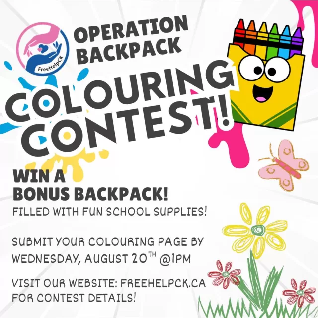 For kids 12 & under only** This is your chance to WIN a Bonus Backpack loaded with extra-fun school supplies! Just show off your creativity in our first-ever FreeHelpCK Colouring Contest 🖍️
✅ How to Enter:
1.  Download the colouring page from our website
🔗 https://freehelpck.ca/our-programs/operation-backpack/operation-backpack-coloring-contest/
2. Email a photo to info@freehelpck.ca OR drop it in a FreeHelpCK mailbox with your contact info (35 Oxley Dr. or 258 Colborne St., Chatham) by Wed, Aug 20 @ 1 PM
🏆Live Draw: Aug 20 @ 3 PM
📍Pickup: Sat, Aug 23 (11 AM–1 PM) at the FreeHelpCK Store, 100 King St., Chatham
**Guardian & health card required to claim prize
✨ Let your imagination shine—ready, set, COLOUR! 🎉