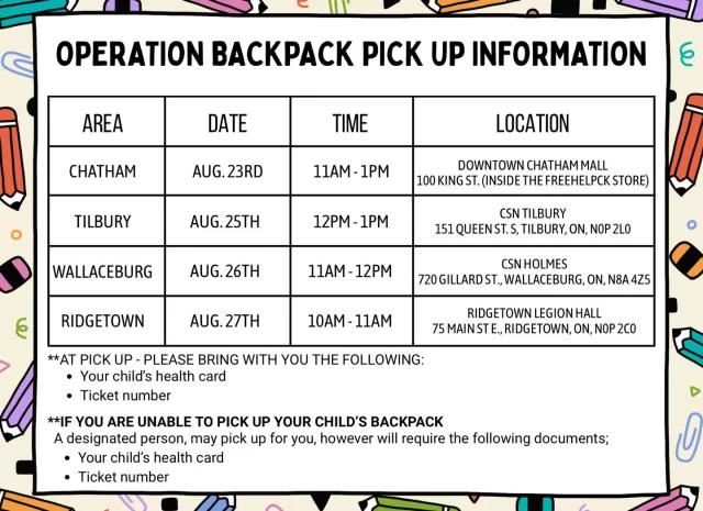 Operation Backpack Pick-Up is just around the corner! ✨🎒Please check the schedule below to find your pick-up time and location.
🚨 Don’t forget to bring:
✔️ Your child’s health card
✔️ Your ticket number
⚠️ Without these items, you will NOT be able to pick up your child’s backpack.
We understand things happens— if you are unable to make your scheduled pick-up, a family member or friend may pick it up your children’s backpacks for you with the same required documents.
📚✏️ We can’t wait to see all the smiling faces as kids get ready for a great school year! Bring your young ones along and capture their Back-to-School picture at pick up day 📸