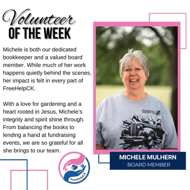Volunteer of the Week💗
Behind the scenes and out in the community, Michele is a true blessing to FreeHelpCK. Not only is she our dedicated bookkeeper and a valued board member, but she also brings her love for gardening and her heart for Jesus into everything she does 🙏🏻🌸
From balancing the books to lending a hand at fundraising events, Michele’s integrity, kindness, and spirit shine through. We are so grateful for the difference she makes every single day☀️
“Whatever you do, work at it with all your heart, as working for the Lord, not for human masters.”✨
– Colossians 3:23