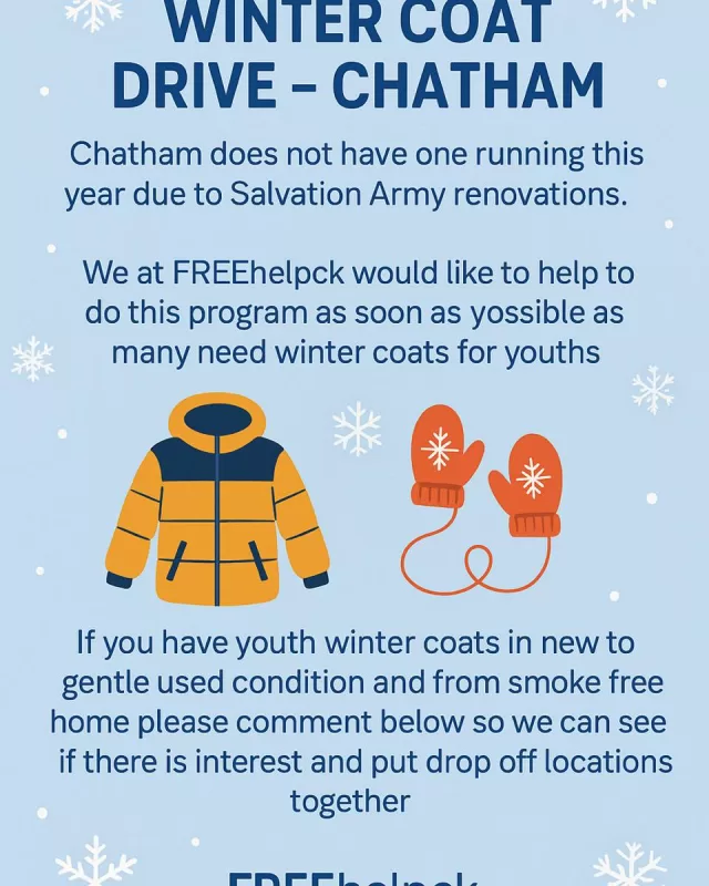 🧥❄️ Winter Coat Drive — Chatham ❄️🧥
This year, Chatham does not have a community winter coat drive running due to renovations at The Salvation Army — but we at FREEhelpCK want to help fill that gap! 💙
We know many families and youth are in need of warm winter coats, and we want to get this program started as soon as possible.
👕 If you have youth winter coats in new or gently used condition (from a smoke-free home), please comment below to let us know — your feedback will help us organize drop-off locations and launch the drive quickly.
Together, we can keep our community warm this winter. 💙
#FreeHelpCK #CommunityCare #CoatDrive #ChathamKent #CompassionInAction #HopeForEveryHeart