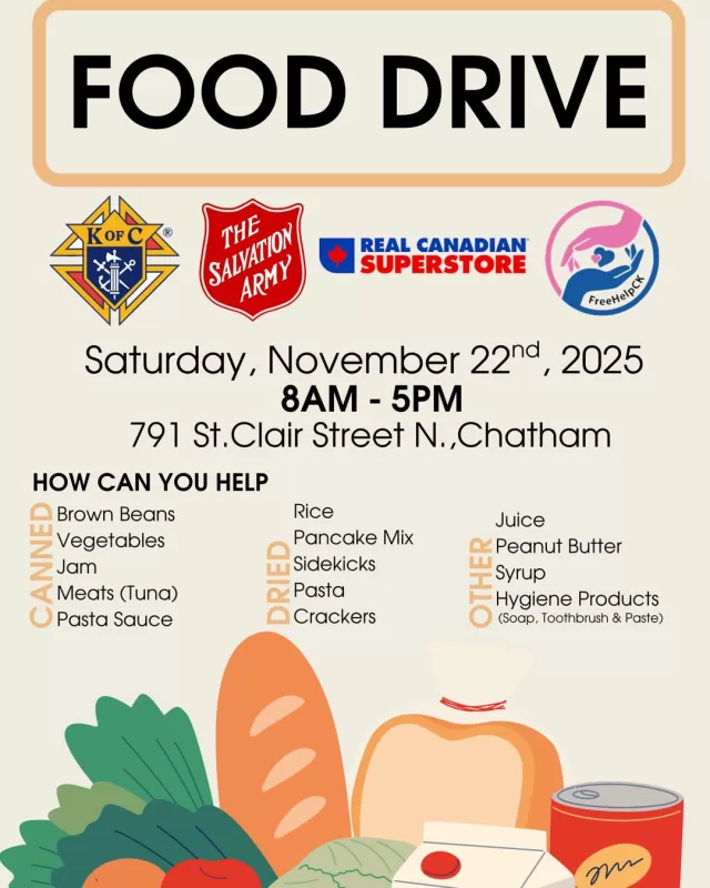 🌟 Volunteers Needed! 🌟

We’re looking for amazing volunteers to help with our Food Drive at Superstore in Chatham on Friday, November 22nd! 🛒

📅 Date: Friday, November 22
📍 Location: Real Canadian Superstore – Chatham
🕗 Time Slots (3-hour increments):
• 8:00 AM – 11:00 AM
• 11:00 AM – 2:00 PM
• 2:00 PM – 5:00 PM

This is a wonderful opportunity to give back to your community — perfect for students looking to earn volunteer hours or anyone wanting to make a difference! 🙌

💌 To sign up, please email: gerih@freehelpck.ca￼
or simply comment below with your preferred time slot!

Let’s come together to help fill the shelves and feed local families this holiday season. Every can, every hour, and every smile counts! 🥫💛

#FreeHelpCK #FoodDrive #ChathamKent #VolunteersNeeded #CommunityKindness #GiveBack #StudentVolunteers #CompassionInAction