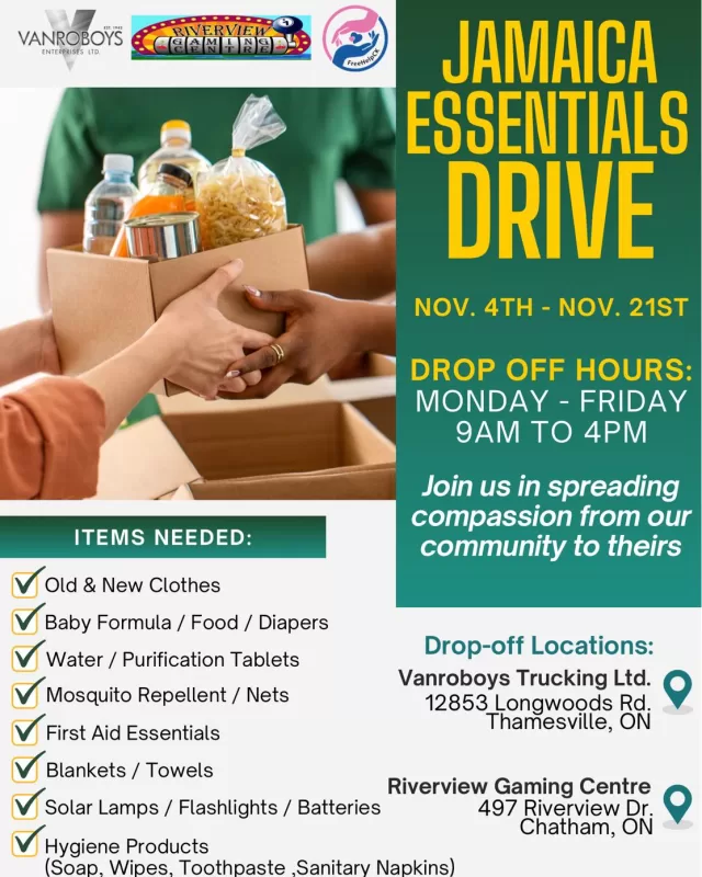 Hurricane Melissa has left many families in Jamaica 🇯🇲 displaced and struggling to rebuild.
Communities are in urgent need of essential items such as:
	• Clothing
	• Baby Items (formula, wipes, food, diapers)
	• Water & Purification Tablets
	• Mosquito Repellent/Nets
	• First Aid Supplies
	• Blankets/Towels
	• Solar Lamps/Flashlights (with batteries)
	• Hygiene Products (Soap, Wipes, Toothbrushes/Paste, Sanitary Napkins)

From November 4th to November 21st, riverviewgamingcentre and Vanroboys Trucking Ltd. will be collecting donations to send directly to families in need.

Let’s come together and show a little love from our community to theirs during this difficult time 💛We’re proud to support this collection drive, every donation, big or small, truly makes a difference🌍✨