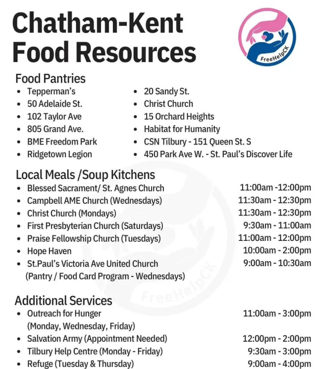 We understand that times are especially difficult right now, and we’ve received a high number of messages from individuals and families looking for food assistance💛

While we would love to help everyone directly, our free food pantries are filled as community donations come in, we are not a food bank and we do not have a steady food supply to meet emergency needs.

We’ve created a helpful poster listing additional food resources available across Chatham-Kent, including local pantries, soup kitchens, and additional services🥫🍞 Please use this guide to find support near you or share it with someone who might need it.

If we missed any food resource please message us to add them or comment them below so other may also be aware of these services✨

- FreeHelpCK Team

#FreeHelpCK #ChathamKent #CommunitySupport #FoodResources #YouAreNotAlone #CKFoodHelp