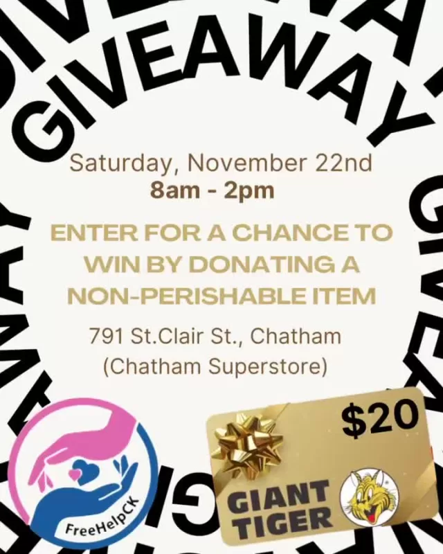 Grocery Shopping on the to-do list this Saturday?🛒 FreeHelpCK is lending a hand this Saturday at the Salvation Army Food Drive! 🥫❤️

📅 Saturday, November 22nd
📍 Chatham Superstore (791 St. Clair St., Chatham)
🕗 8AM – 5PM

Come stop by and see our team! 😊 When you donate a non-perishable item to the food drive, you can be entered to win a $20 Giant Tiger gift card. This giveaway runs until 2PM only and then we will be drawing the winner LIVE on Facebook🏆

Please consult the list to see which items are most needed. We can’t wait to see you there! 🙌
