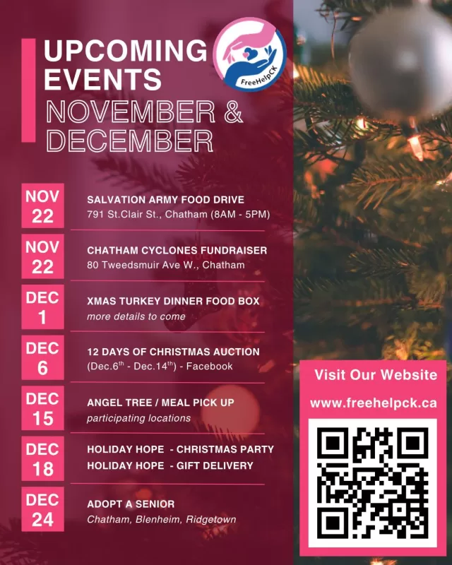 We’ve got a busy and exciting season ahead at FreeHelpCK! From community food drives🥫to Christmas programs 🎁 and special support events, there’s something happening almost every week.

Check out our Upcoming Events to see how you can get involved, give back or participate💗 If you’re a student looking for volunteer hours, keep an eye on our social media, lots of opportunities will be popping up over the next six busy weeks! 🌟