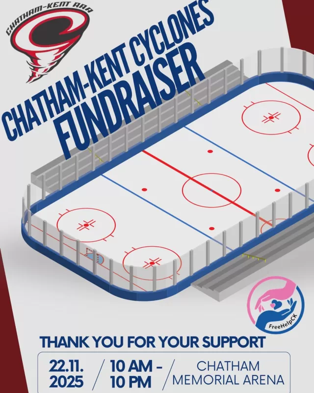 Thank you to the chathamkent_cyclones for generously hosting tomorrow nights fundraiser✨

🏒Every win, loss, and tie has a mystery donation amount attached to it throughout this full 12-hour hockey day🥅

All proceeds will be donated to FreeHelpCK to support the many initiatives we provide in our community🎄🥰
