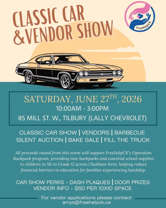 Mark your calendars…. IT’S BACK✨😁

FreeHelpCK’s 3rd Annual Car & Vendor Show happening Saturday, June 27th from 10am to 3pm at 85 Mill St. W., Tilbury (Lally Chevrolet Parking Lot)!

Join us for
🚙 Classic Cars
🛍️ Local Vendors
🌭 Barbecue
🍪 Bake sale
 🎟️ Silent auction

Last year, FreeHelpCK’s Operation Backpack program helped 3,197 local students start the school year strong with new backpacks 🎒 and supplies✏️. With an annual cost of over $70,000, your support at this event directly helps local students in Chatham-Kent thrive💛

Interested in becoming a sponsor, vendor, or donating a silent auction item? Please reach out to amys@freehelpck.ca or comment below 🙌🏻