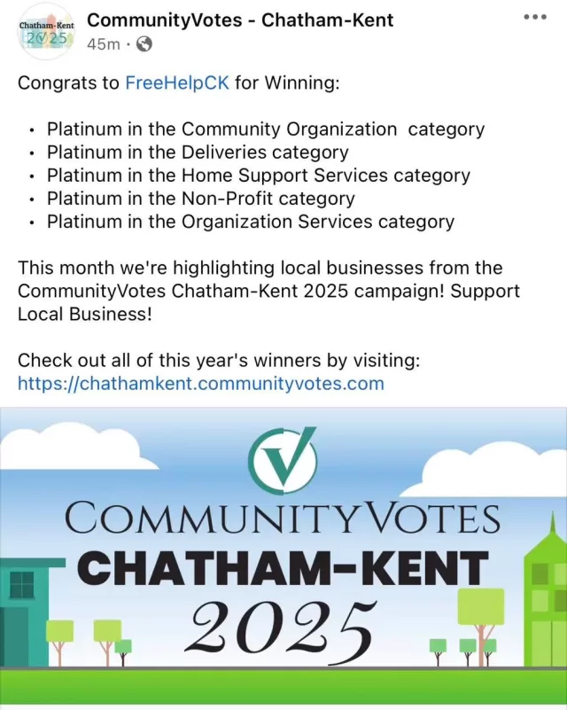 It brings our team so much joy to see FreeHelpCK recognized as winners in several categories in the Chatham-Kent Community Votes!🏆✨

We are beyond grateful for every single vote and for the incredible support from our community. Thank you everyone for believing in our mission and helping us make such a meaningful impact every day 🥰