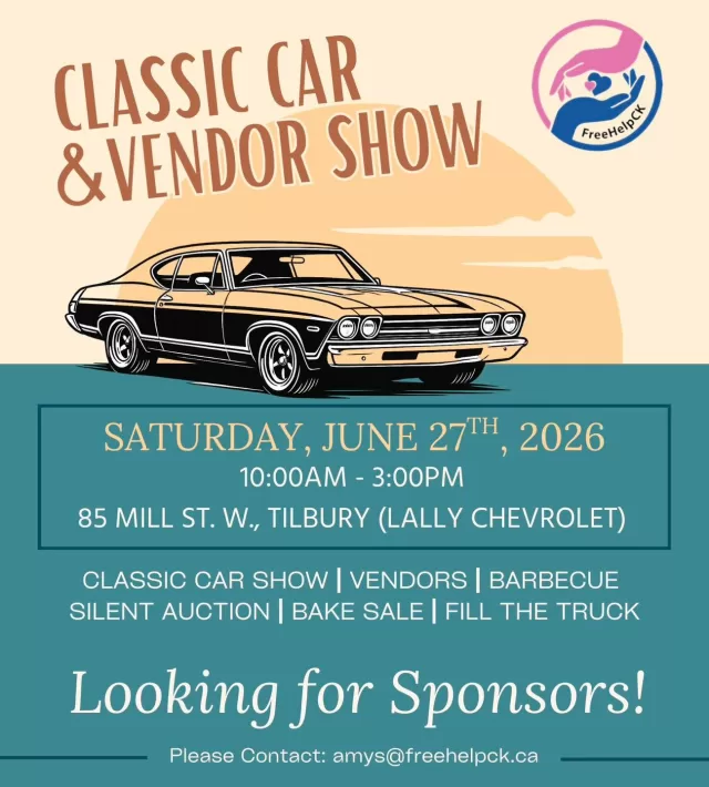 We’re looking for sponsors for FreeHelpCK’s 3rd Annual Car & Vendor Show! 🚘

All proceeds go toward supporting our Operation Backpack program, helping over 3000 local students feel confident and prepared for school by providing new backpacks and essential school supplies 📚❤️🎒

📧 Please contact amys@freehelpck.ca for more details!