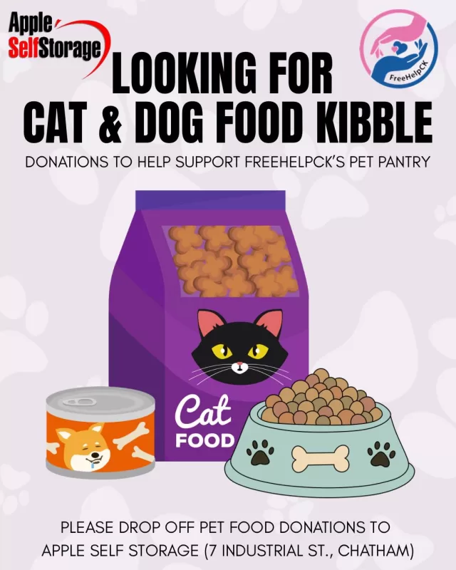 Seeking Cat & Dog Food Kibble 👀

Since launching our pet pantry in June 2026, we’ve had the privilege of supporting over 250 local families, helping to keep their beloved pets fed and cared for🐾❤️

We are completely out of cat and dog kibble and urgently need:

• Dog Food (Kibble & Canned)
• Cat Food (Kibble)

If you’re able to help, donations can be dropped off at:
📍 Apple Self Storage - 7 Industrial St.

Thank you for helping us care for the pets that mean so much to our community 🐶🐱

#FreeHelpCK #PetPantry #CommunitySupport