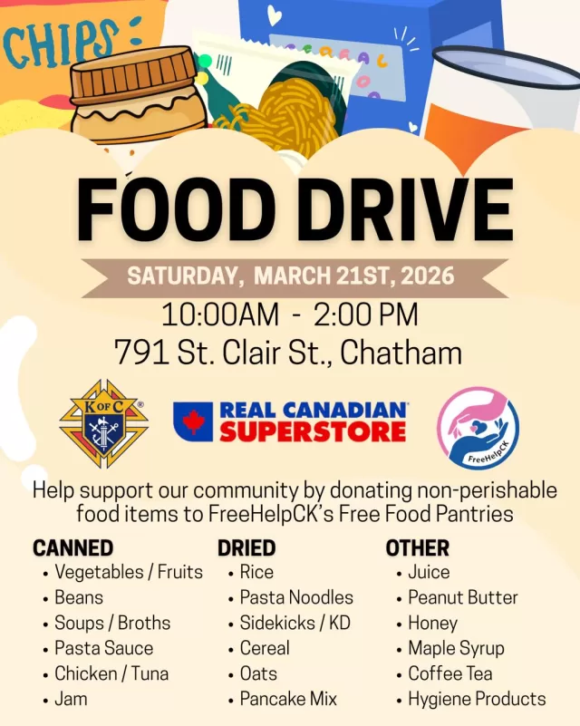 Help us stock our FreeHelpCK Free Food Pantry shelves!💛🥫

Saturday, March 21st, 2026 | 10:00 AM – 2:00 PM
📍 791 St. Clair St., Chatham (Real Canadian Superstore Chatham)

Food insecurity is a growing reality for many local families. Rising grocery costs, fixed incomes, and unexpected expenses are forcing more households to make impossible choices between paying bills and putting food on the table. 

Your donation of non-perishable items🥫can help ensure families facing difficult times have access to essential food supplies and a little peace of mind✨

Please take a moment to review the list of high-demand items on our flyer. Whether it’s a single item or a full bag, every contribution makes a meaningful difference. Let’s come together and show what community truly looks like💗

#TogetherWeCan #freehelpck #ckcomingtogether #FoodDrive #FoodDriveChallenge #chathamkent