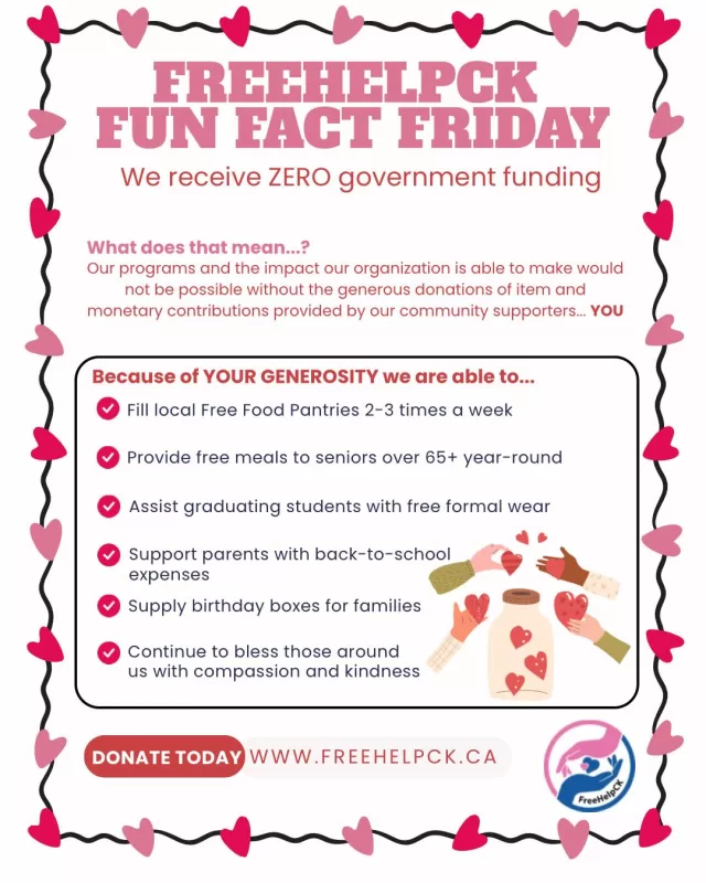 FreeHelpCK Fun Fact Friday👀
Did you know that we receive ZERO government funding?

Every bit of our growth, impact, and reach over the past 8 years has been made possible entirely through the incredible support of our community. From donated items and financial contributions to outreach opportunities and partnerships, your generosity fuels everything we do.

Because of you, we’re able to continue serving, supporting, and uplifting those who need it most. Our success as an organization simply would not be possible without each and every one of YOU.

From the bottom of our hearts, THANK YOU Chatham-Kent🙏🏻 We are so grateful to be part of such a compassionate and supportive community🥰✨