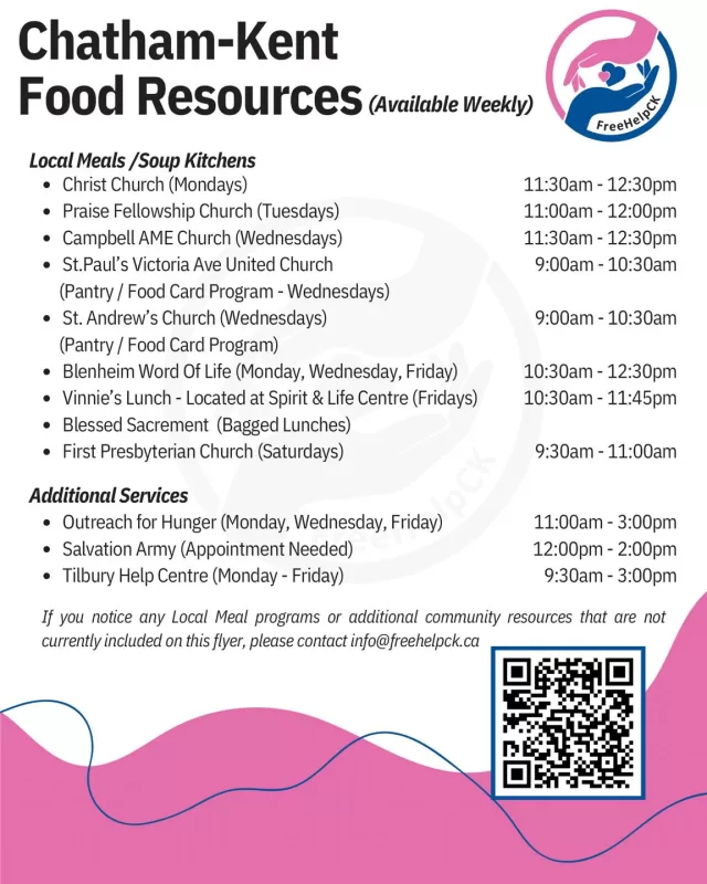 With the continued rise in food insecurity across Chatham-Kent, we want to make sure our community knows where support is available💛

Here is an updated list of weekly food resources in Chatham-Kent, including:

• Food pantries that are regularly filled
• Meal programs
• Local soup kitchens
• Ongoing food support initiatives

No one should have to wonder where their next meal is coming from. Please share this information so it can reach those who may need it. Together, we can ensure everyone in our community has access to food and support in challenging times. 

If you notice a program that isn’t listed, please send us an email at info@freehelpck.ca or comment below so we can update the list and keep this resource as accurate and helpful as possible.

#FoodResources #ChathamKent