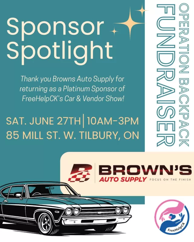 Thank you to Brown's Auto Supply for being a returning sponsor of FreeHelpCK’s 3rd Annual Car & Vendor Show fundraiser in support of our Operation Backpack program!🎒🚗

We are incredibly grateful for your continued support of our organization and this annual event. It’s because of amazing community partners like you that we’re able to help local students start the school year with the supplies they need to succeed.

✨Interested in becoming a sponsor? We would love to partner with you! Comment below or email amys@freehelpck.ca for more information.