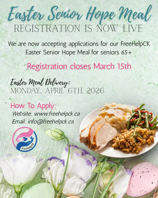 Last Chance to Register! 🌸🐣 ** Registration for FreeHelpCK’s Easter Senior Hope Meal closes this Sunday!💛

This special program brings a turkey dinner to seniors 65+ who live alone with no in-home care or family support, helping them feel remembered, valued, and cared for this Easter.

📅 Meal Delivery: Monday, April 6, 2026 | 10:00 AM – 1:00 PM
Seniors must be home during delivery hours.

How to Register:
🌐 Online: https://freehelpck.ca/our-programs/senior-programs/easter-senior-hope-meal/
📧 Email: info@freehelpck.ca