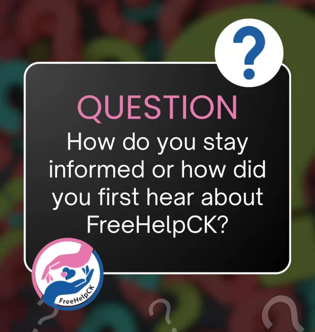 Our community means the world to us, and we’re grateful for every one of you. With so many new friends joining our page, we want to hear from YOU!

How do you stay connected with FreeHelpCK, or how did you first hear about us?

Share your story in the comments, we can’t wait to hear from you! 💬