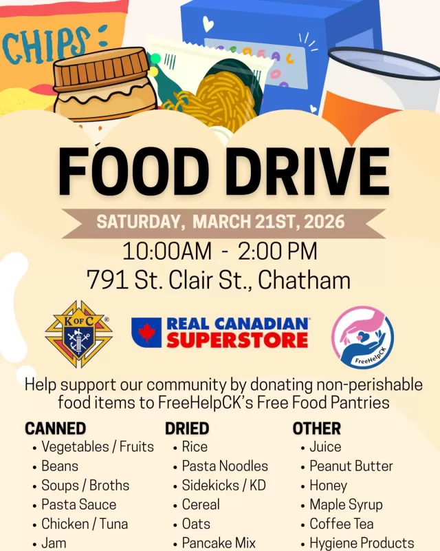 That’s a wrap on today’s Food Drive!

We want to extend a heartfelt thank you to Chatham Real Canadian Superstore for welcoming us at your location and helping make this event possible.

An even bigger thank you 🙏🏻 goes out to our incredible community for your generosity and kindness. Because of your support, we were able to fill 85 BANANA BOXES PACKED TO THE TOP! Allowing our team to continue stocking our 9 FreeHelpCK Free Food Pantries twice a week.

We are so grateful to everyone who volunteered their time today, and to each person who supported us through food or monetary donations. Whether you gave a single box of cereal or a full bag of groceries, please know that every donation makes a meaningful difference and meant a great deal to our organization💗

From the bottom of our hearts, thank you for helping us continue to care for our community🫶 💛
