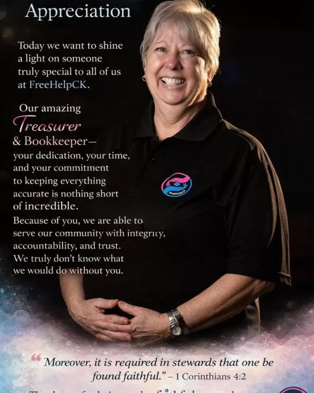 Volunteer Appreciation 💙

Today we want to shine a light on someone truly special to all of us at FreeHelpCK.

Our amazing Treasurer & Bookkeeper—your dedication, your time, and your commitment to keeping everything accurate is nothing short of incredible. Because of you, we are able to serve our community with integrity, accountability, and trust. We truly don’t know what we would do without you.

But you are so much more than numbers to us…
You are a dear friend, a constant support, and someone whose wisdom helps keep all of our programs moving forward with purpose.

Your heart for what we do shines through in everything you touch, and we are so blessed to have you walking alongside us.

“Moreover, it is required in stewards that one be found faithful.” – 1 Corinthians 4:2

Thank you for being such a faithful steward and such a blessing to FreeHelpCK. 💕
 #blessing #freehelpck #thankyou