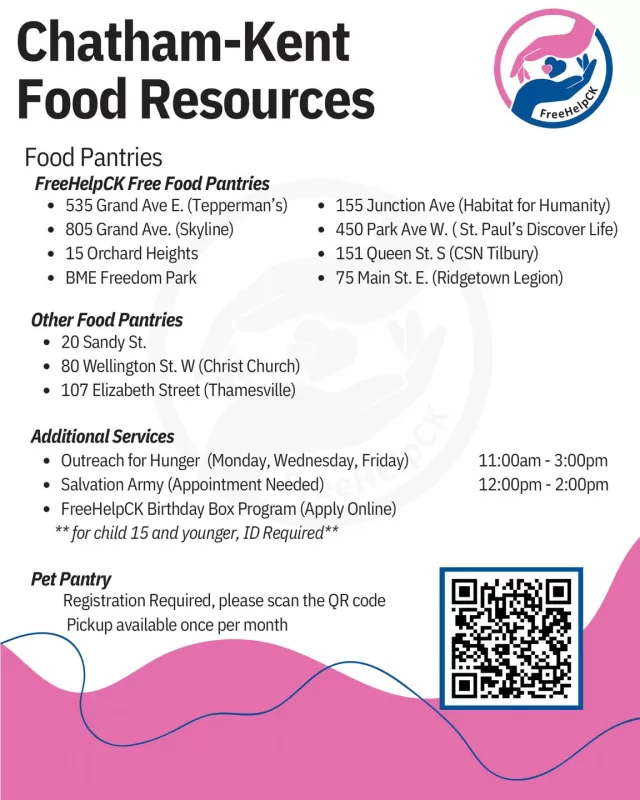 FreeHelpCK’s Free Food Pantries are always available to help bridge the gap with extra support as donations come in throughout the week💛

If you or your family need additional food assistance beyond our pantries, there are other wonderful community resources available throughout Chatham-Kent to help provide extra support.

No one should ever have to face food insecurity alone. Let’s come together and help ensure more families have access to the essentials they need✨

#FreeHelpCK #ChathamKent #FoodSupport #CommunityResources #FillingTheGaps