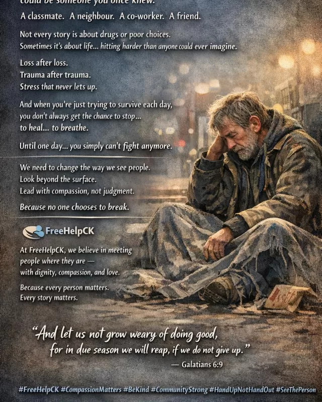 Today… that person you see unhoused on the street could be someone you once knew.

A classmate.
A neighbour.
A co-worker.
A friend.

Not every story is about drugs or poor choices.
Sometimes it’s about life… hitting harder than anyone could ever imagine.

Loss after loss.
Trauma after trauma.
Stress that never lets up.

And when you’re just trying to survive each day, you don’t always get the chance to stop… to heal… to breathe.

Until one day… you simply can’t fight anymore.

We need to change the way we see people.
Look beyond the surface.
Lead with compassion, not judgment.

Because no one chooses to break.

At FreeHelpCK, we believe in meeting people where they are — with dignity, compassion, and love.
Because every person matters. Every story matters.

“And let us not grow weary of doing good, for in due season we will reap, if we do not give up.”
— Galatians 6:9

#FreeHelpCK #CompassionMatters #BeKind #CommunityStrong #HandUpNotHandOut #SeeThePerson