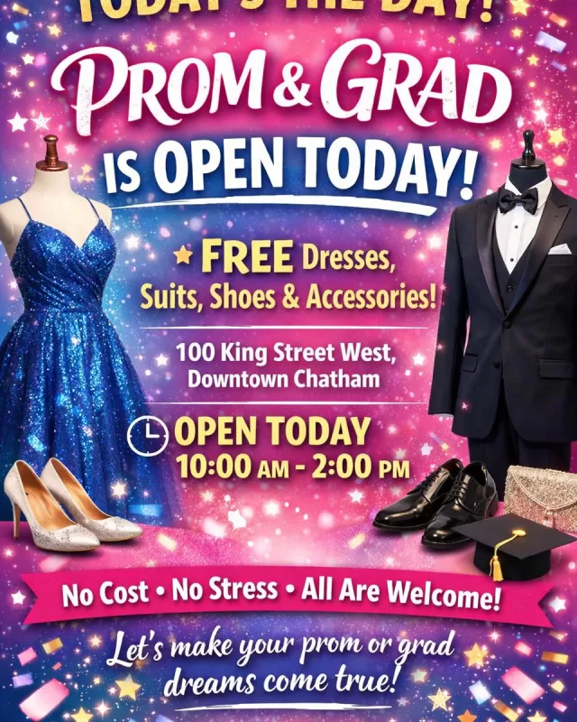✨ TODAY’S THE DAY! PROM & GRAD IS OPEN! ✨

If you or someone you know needs an outfit for graduation or prom — we’ve got you covered 💃🕺

👗 Dresses
🤵 Suits
👠 Shoes & accessories

ALL FREE — because every student deserves to feel confident and celebrated on their big day 💙

📍 100 King Street West
Downtown Chatham – Main Level of the Mall
🕙 Open TODAY from 10:00 AM – 2:00 PM

Come in, find something you love, and shine on your special day ✨

No youth should miss prom or graduation because of finances — this is what community looks like
