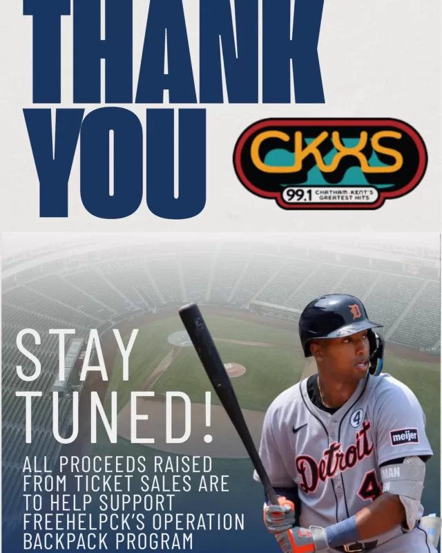 Thank you to Greg Heatherington and 99.1 CKXS - Chatham-Kent's Greatest Hits for their incredible generosity! ⚾💙

They’ve donated 2 tickets to see the Detroit Tigers take on the Athletics on July 7th, 2026, and we couldn’t be more grateful for their support of our community.

🎟️ Stay tuned! We’ll be releasing details soon on this exciting fundraiser. All proceeds raised are to help support FreeHelpCK’s Operation Backpack to help local students start the school year with confidence🎒❤️

#FreeHelpCK #OperationBackpack #CommunitySupport #ThankYou #ChathamKent