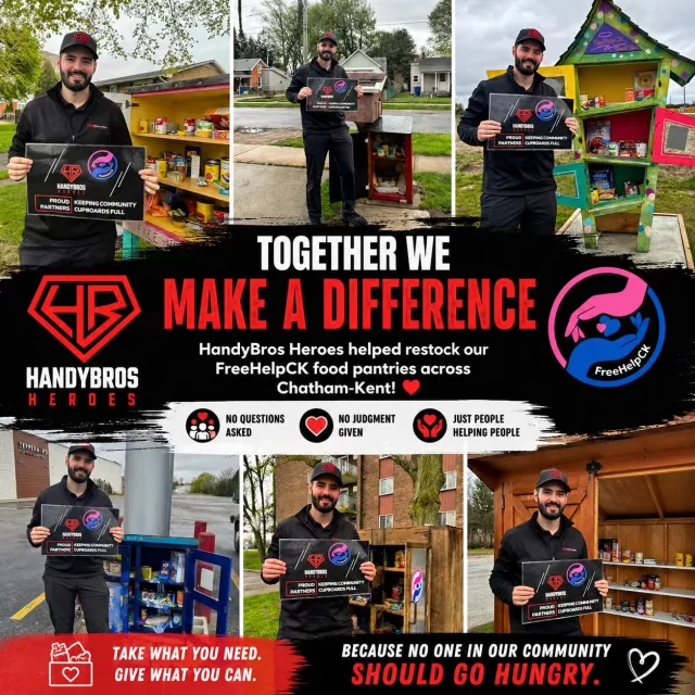 📸 THIS is what impact looks like.

Look closely at these photos…
Those shelves were empty.
Now they’re filled. ❤️

Today, Handy Bros Heroes didn’t just show support —
they showed up in our community and helped restock our FreeHelpCK food pantries across Chatham-Kent.

Every item you see on those shelves will go to someone who just needs a little help right now.
Not forever… just right now.

Because the reality is…
There are families, seniors, and individuals walking past these pantries every day hoping there’s something inside.

And today — there is. 🙏

💬 No questions asked
💬 No judgment given
💬 Just people helping people

To Handy Bros — thank you for standing beside us and keeping cupboards full.

To our community —
👉 Please take only what you need
👉 And if you can, help us keep them stocked

Because together…
we are making sure no one in Chatham-Kent feels forgotten.

❤️

#FreeHelpCK #HandyBrosHeroes #CommunityLove #ChathamKent #TakeWhatYouNeed #GiveWhatYouCan #KindnessInAction #NeighboursHelpingNeighbours #FoodSecurity #LocalImpact