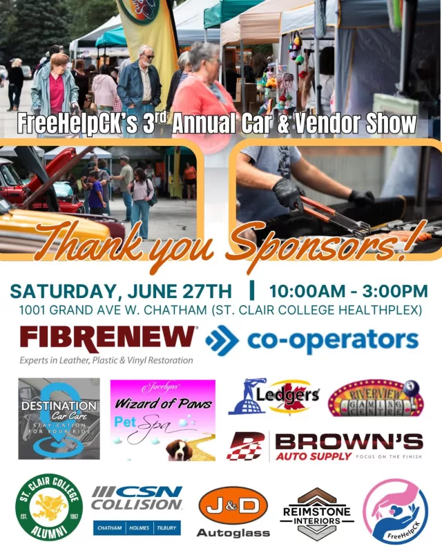 Thank you to our incredible 2026 Car & Vendor Show sponsors 🚗💛

Our annual Car & Vendor Show is the largest fundraiser supporting our Operation Backpack 🎒 program, helping us offset the significant costs of preparing students for the school year.

Our goal this year is to assist 3,500 backpacks filled with essential school supplies to local students across our community.

The support of our sponsors plays a critical role in making this possible. Your contribution goes far beyond this event, it directly impacts students and families, ensuring they can start the school year feeling prepared, confident, and supported.

We are incredibly grateful to the businesses who have already stepped up to make a difference.

If your business is interested in supporting this initiative and giving back to the community, we would love to connect:
📩 amys@freehelpck.ca
