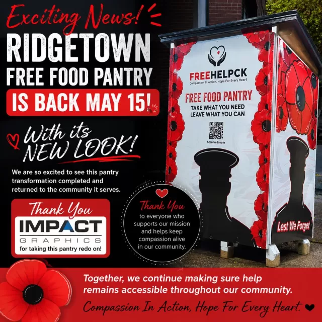 🎉 Exciting News! 🎉

Our Ridgetown Free Food Pantry will officially return on May 15th with its beautiful new look! ❤️

This pantry redesign was created to honour and reflect the incredible support of the Ridgetown Legion and community, featuring a meaningful “Lest We Forget” tribute design with poppies along the sides.

We are beyond excited to see this project completed and back serving the community once again.

A huge THANK YOU to Impact Graphics for taking on this pantry redo and helping bring this vision to life. Your support and craftsmanship mean so much to us and to the many individuals and families who rely on these pantries.

Together, we continue making sure help remains accessible throughout our community. 💛

Compassion in Action, Hope for Every Heart.

#FreeHelpCK #Ridgetown #LestWeForget #CommunityStrong #FoodPantry #CompassionInAction