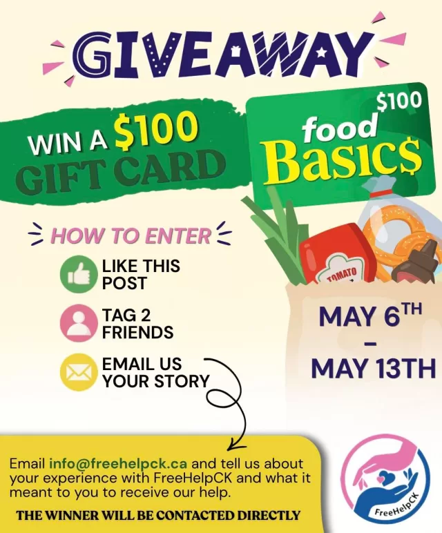 GIVEAWAY 🎉🎉

We’re giving away a $100 Bob’s Food Basics gift card to ONE LUCKY WINNER!

To enter:
👍 Like this post
👥 Tag 2 friends
📧 Email info@freehelpck.ca and share your story about a time FreeHelpCK made a difference in your life and what it meant to you to receive help.

The giveaway will run from May 6th – May 13th.
🏆Winner will be contacted directly! The gift card must be picked up.

#FreeHelpCK #Giveaway #CommunityLove #ChathamKent #SupportLocal