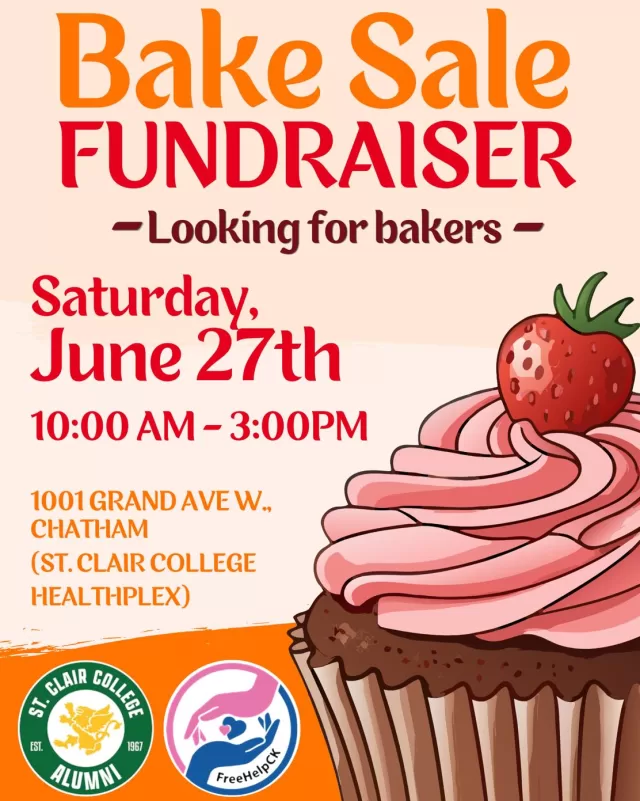 BAKE SALE FUNDRAISER 🧁

Calling all bakers! We’re looking for volunteers to help us make this sweet fundraiser a success 🍪😋

Join us on Saturday, June 27th from 10AM–3PM at the St. Clair College HealthPlex during our Car & Vendor Show in support of FreeHelpCK’s Operation Backpack program 🎒✏️💛

Whether you love baking cupcakes, cookies, squares, pies, or other homemade treats, every donation helps us support local students heading back to school.

Interested in baking or donating items? Send us a message or comment below!👇 

#FreeHelpCK #BakeSaleFundraiser #OperationBackpack #ChathamKent #CommunitySupport