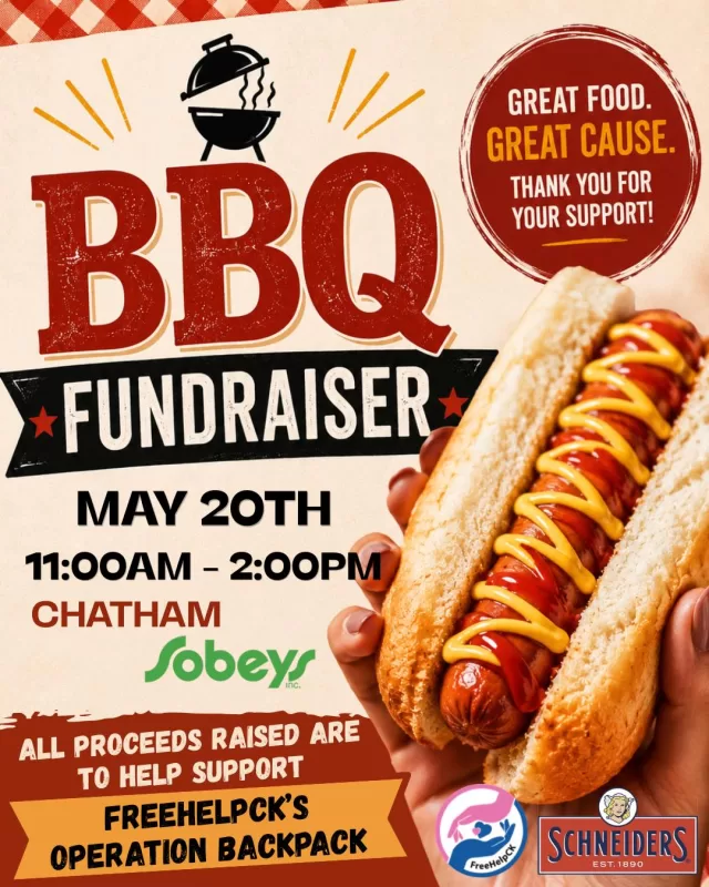 🎒🌭 Join us at Sobeys Chatham on Wednesday, May 20th from 11:00 AM – 2:00 PM for our very first BBQ Fundraiser, proudly hosted by Schneider’s!

Come grab a hotdog and drink and help support FreeHelpCK’s Operation Backpack program as we work to provide local students with backpacks and essential school supplies for the upcoming school year📚🎒