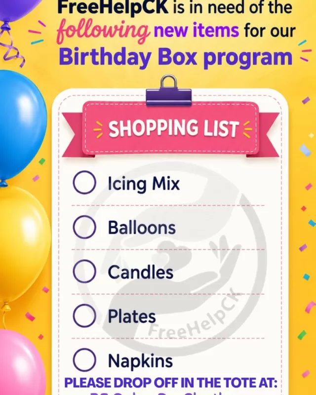 🎈🎂 FreeHelpCK’s Birthday Box Program is currently in need of a few new items to help us continue making birthdays feel special for local children within our community❤️

We are currently looking for donations of:
• Icing Mix
• Balloons
• Candles
• Plates
• Napkins

Every donation helps our team continue creating joyful moments and reminds a child that their special day truly matters. 🎉

📍Please drop off donations in the tote at:
• 35 Oxley Dr., Chatham
• 258 Colborne St., Chatham

Thank you for continuing to help us spread kindness, celebration, and hope throughout Chatham-Kent.