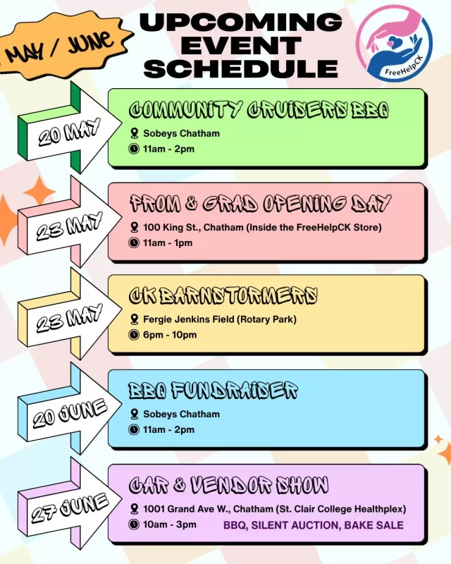 📅 Mark your calendars, Chatham-Kent!

We’ve got an exciting lineup of community events coming up this May & June, and every event helps support local families, seniors, and youth through FreeHelpCK programs❤️

From BBQ fundraisers and community nights to our Car & Vendor Show supporting Operation Backpack, there are so many ways to get involved, give back, and connect with the community.

✨ Upcoming Events:
🌭 Community Cruisers BBQ – May 20th
👗 Prom & Grad Opening Day – May 23rd
⚾ CK Barnstormers Night – May 23rd
🔥 BBQ Fundraiser – June 20th
🚗 Car & Vendor Show – June 27th

We can’t wait to see everyone out supporting these amazing causes and making a difference together!

#FreeHelpCK #ChathamKent #CommunitySupport #OperationBackpack