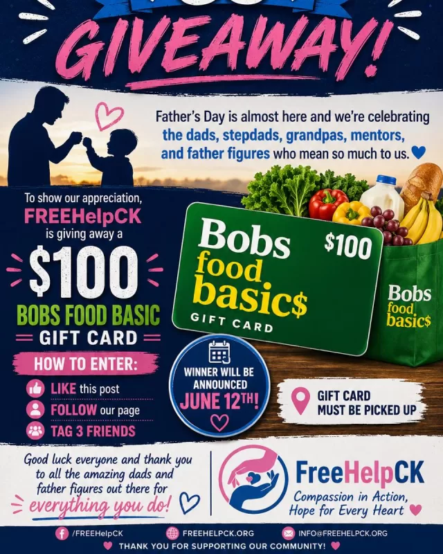 🎉 FATHER’S DAY GIVEAWAY 🎉

Father’s Day is almost here, and FreeHelpCK wants to celebrate all the amazing dads, stepdads, grandpas, mentors, and father figures who make a difference every day 💙

To show our appreciation, FreeHelpCK is giving away a $100 Bob’s Food Basics Gift Card! 🛒💙

HOW TO ENTER:
✔️ Like this post
✔️ Follow our page
✔️ Tag 3 friends

📅 Winner will be announced June 12th!
📍 Gift card must be picked up.

Good luck everyone, and thank you to all the incredible dads and father figures for everything you do. We appreciate you more than words can say! 👏💙

FreeHelpCK
Compassion in Action, Hope for Every Heart 💙

#FathersDay #FreeHelpCK #Giveaway #CommunityStrong #ChathamKent #SupportLocal #DadAppreciation #BobsFoodBasics #ShopLocal #ThankYouDads