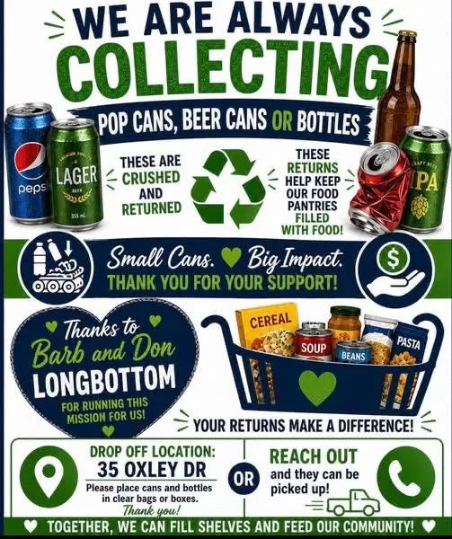 ♻️ Collecting Pop Cans & Beer Cans for Operation Backpack! 🎒

Did you know your empty cans can help local youth start the school year prepared?

We are currently collecting pop cans and beer cans to help raise funds for Operation Backpack 2026, which provides backpacks and school supplies to local students in need.

📍 Drop-off Locations:

* 35 Oxley Drive, Chatham
* 283 Mercer Street, Chatham

🚚 Need a pickup?
Send us a message and we will arrange to pick them up.

Every can makes a difference and helps us work toward our goal of providing backpacks and supplies to youth across Chatham-Kent.

❤️ Thank you for supporting local students and helping ensure that no child starts the school year unprepared.

#FreeHelpCK #OperationBackpack #ChathamKent #SupportLocalYouth #CommunityHelpingCommunity #NoOneForgotten #CompassionInActionHopeForEveryHeart