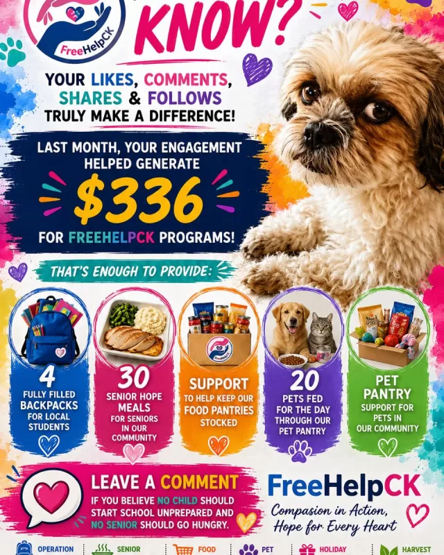 🚨 STOP SCROLLING! 🚨

Last month, your likes, comments, and shares helped generate $336 for FreeHelpCK!

That provided:

🎒 4 backpacks for local students
🍲 30 Senior Hope Meals
🐾 Pet Pantry food for 20 pets

💬 Comment “NO ONE FORGOTTEN” if you believe:

🎒 No child should start school unprepared
🍲 No senior should go hungry
🐾 No pet should go without food

Let’s see how many people in Chatham-Kent believe NO ONE FORGOTTEN!

👍 Like • 💬 Comment • 📢 Share

#NoOneForgotten #FreeHelpCK #ChathamKent #CommunitySupport #CompassionInAction