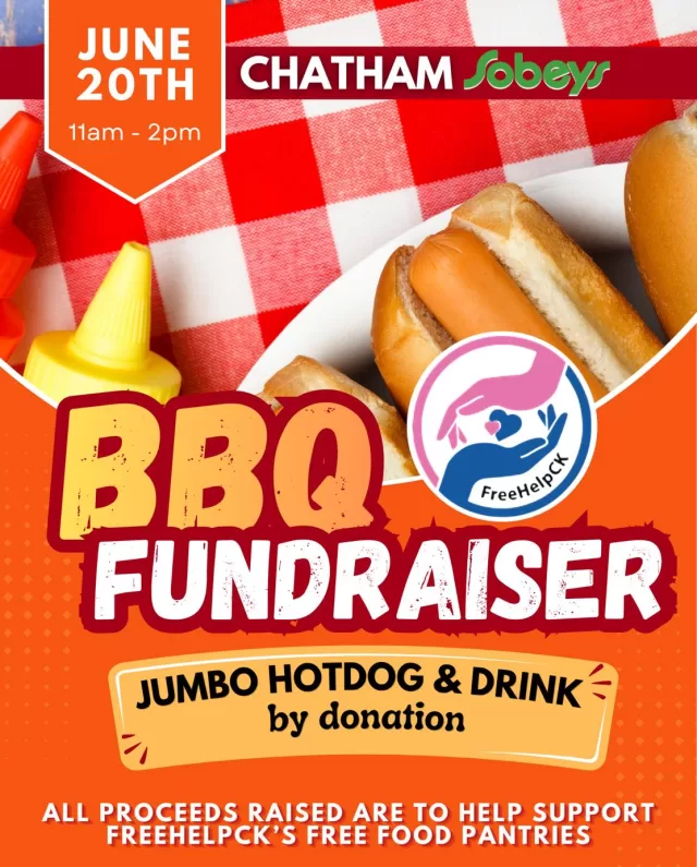 Mark Your Calendars! 🌭

Next Saturday, June 20th, FreeHelpCK will be at Sobeys Chatham from 11:00 AM to 2:00 PM for our Jumbo Hot Dog BBQ!🌭😋

Every hot dog purchased helps support FreeHelpCK’s Free Food Pantry Program, ensuring local individuals and families have access to food when they need it most.

Stop by, grab lunch, say hello, and join us in making a difference in our community💚

📍 Sobeys Chatham
📅 Saturday, June 20
⏰ 11:00 AM – 2:00 PM

Thank you for supporting local people helping local people.

#FreeHelpCK #CommunityHelpingCommunity #ChathamKent #FoodPantry #SupportLocal #GivingBack