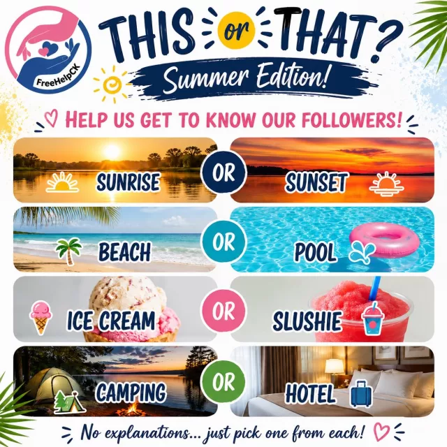 Just for fun… help us get to know our followers!
Let’s play This or That – Summer Edition! 😎

Tell us your picks in the comments:
🌅 Sunrise or 🌇 Sunset?
🏖️ Beach or 🏊 Pool?
🍦 Ice Cream or 🥤 Slushie?
⛺ Camping or 🏨 Hotel?

No explanations… just pick one from each! 👇
We can’t wait to see everyone’s answers!